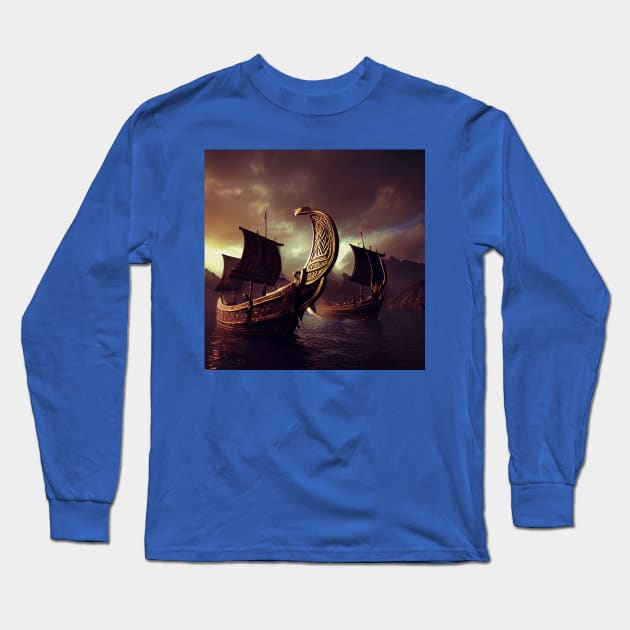 Viking Raiders on Longships Long Sleeve T-Shirt by Grassroots Green